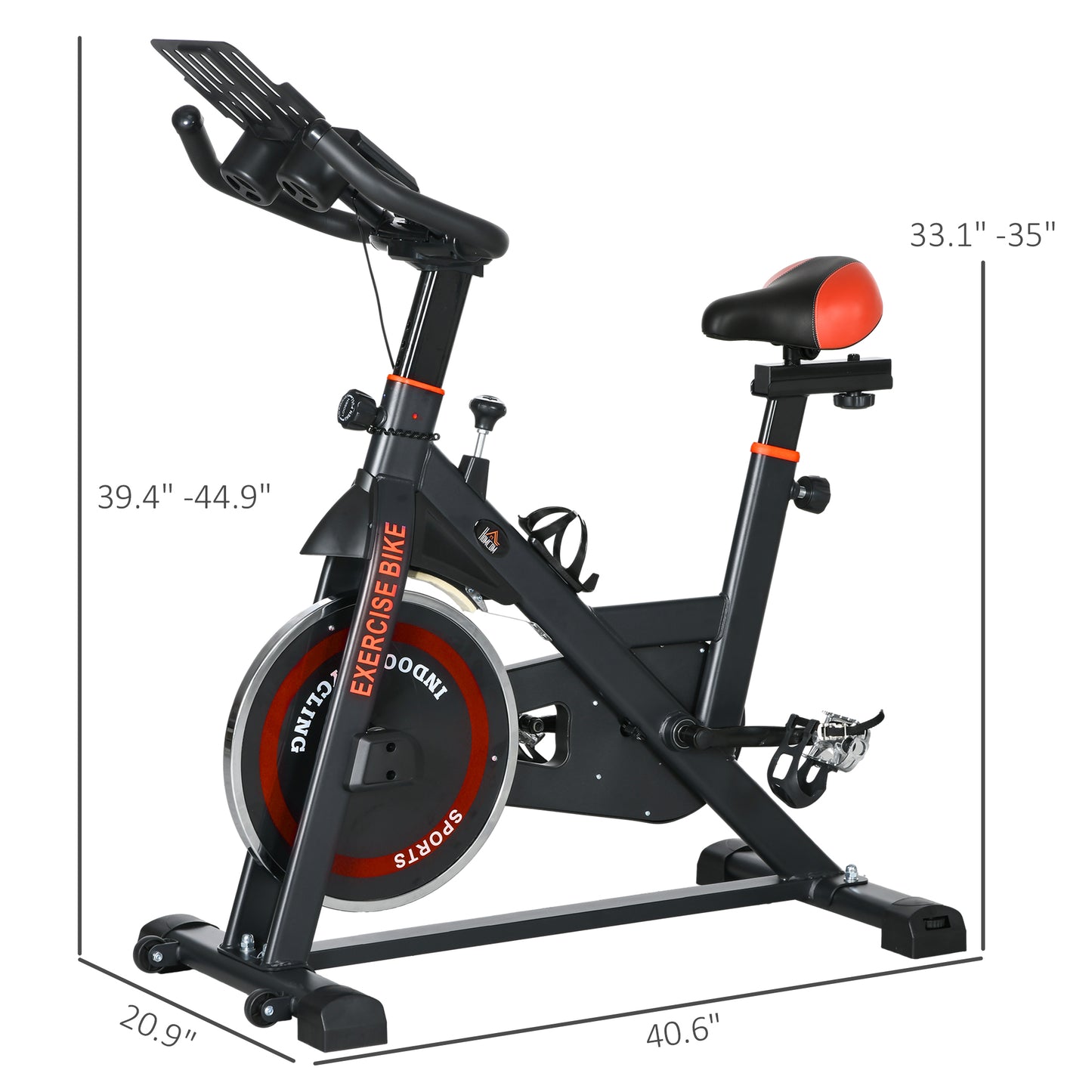 Indoor exercise bike with dimensions displayed on a white background