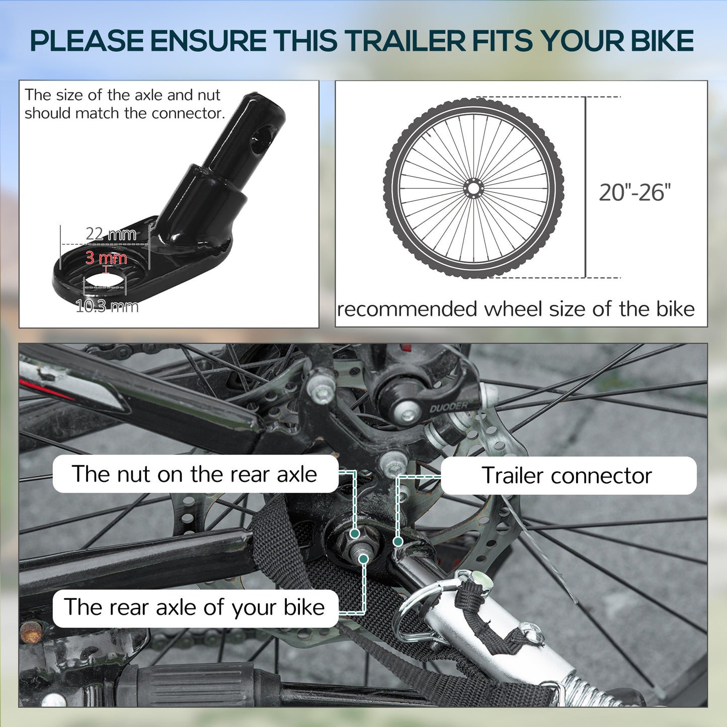 Instructions for fitting a bike trailer with measurements and components highlighted.