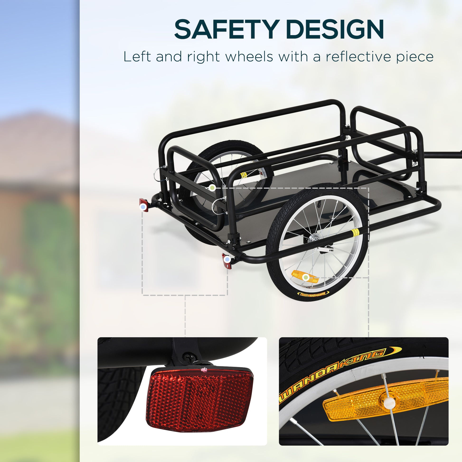 Bicycle trailer with safety features like reflective pieces on wheels and a red light.