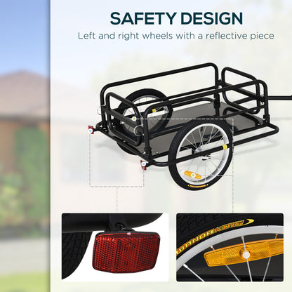 Bicycle trailer with safety features like reflective pieces on wheels and a red light.