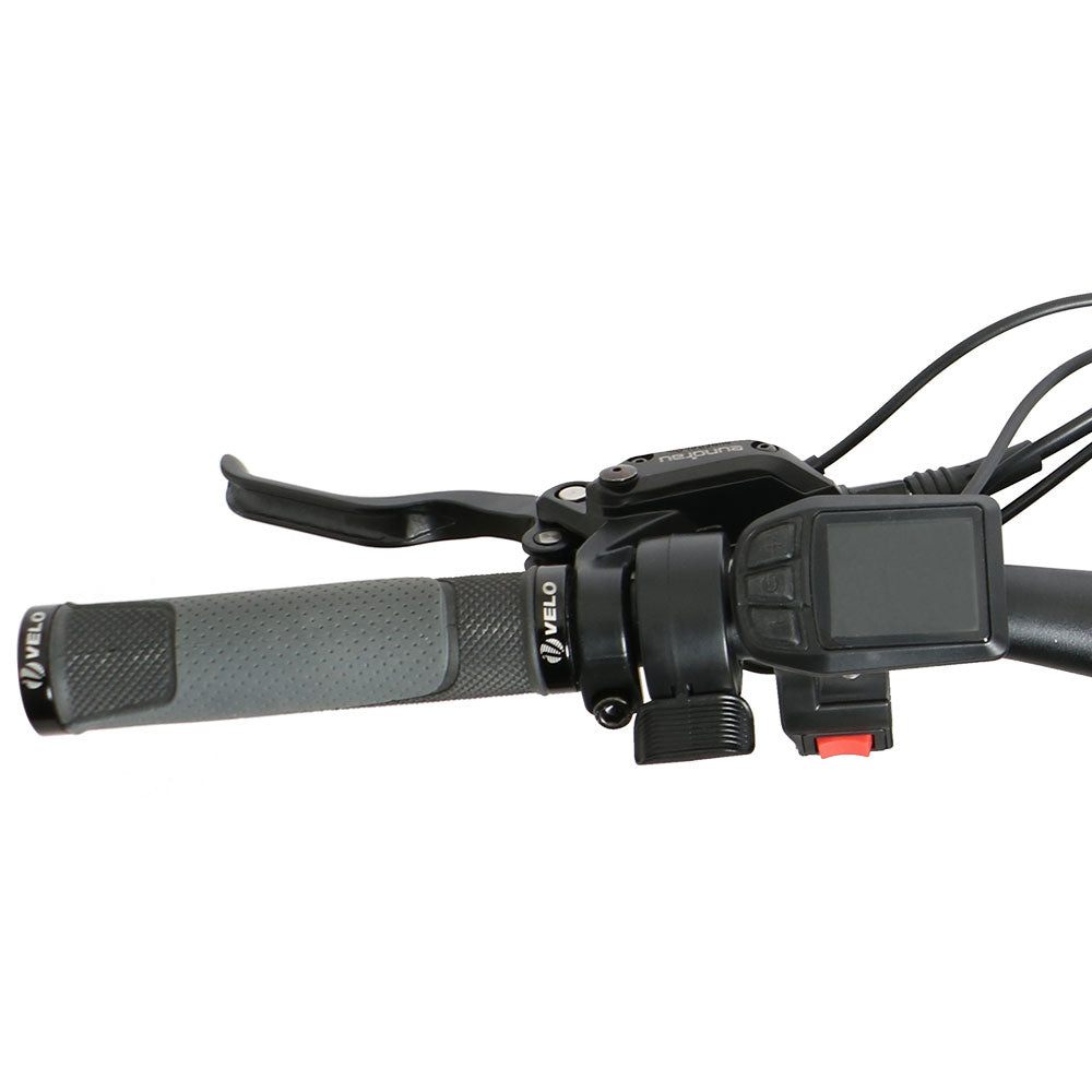 Close-up of a bicycle handlebar with control levers and a display on a white background