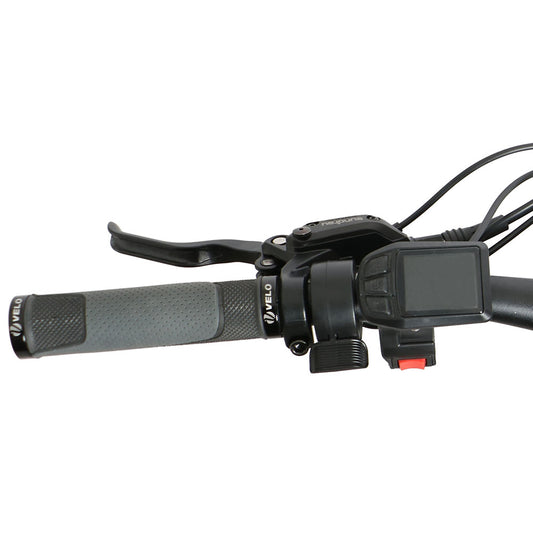 Close-up of a bicycle handlebar with control levers and a display on a white background