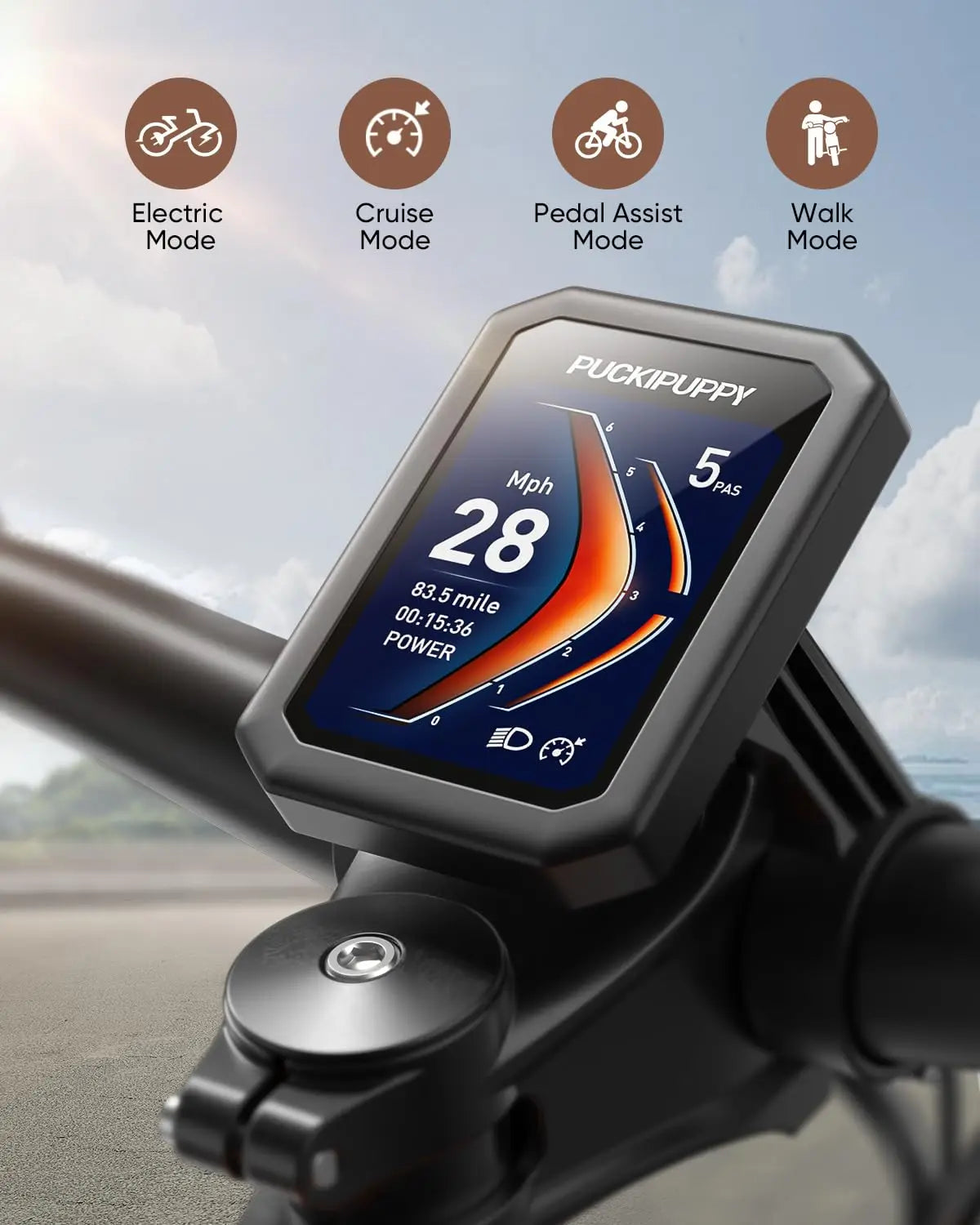 Bicycle speedometer with digital display on a blurred outdoor background