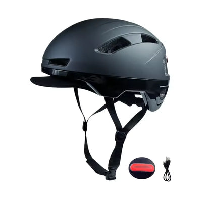 Black helmet with attached light and USB cable on a white background
