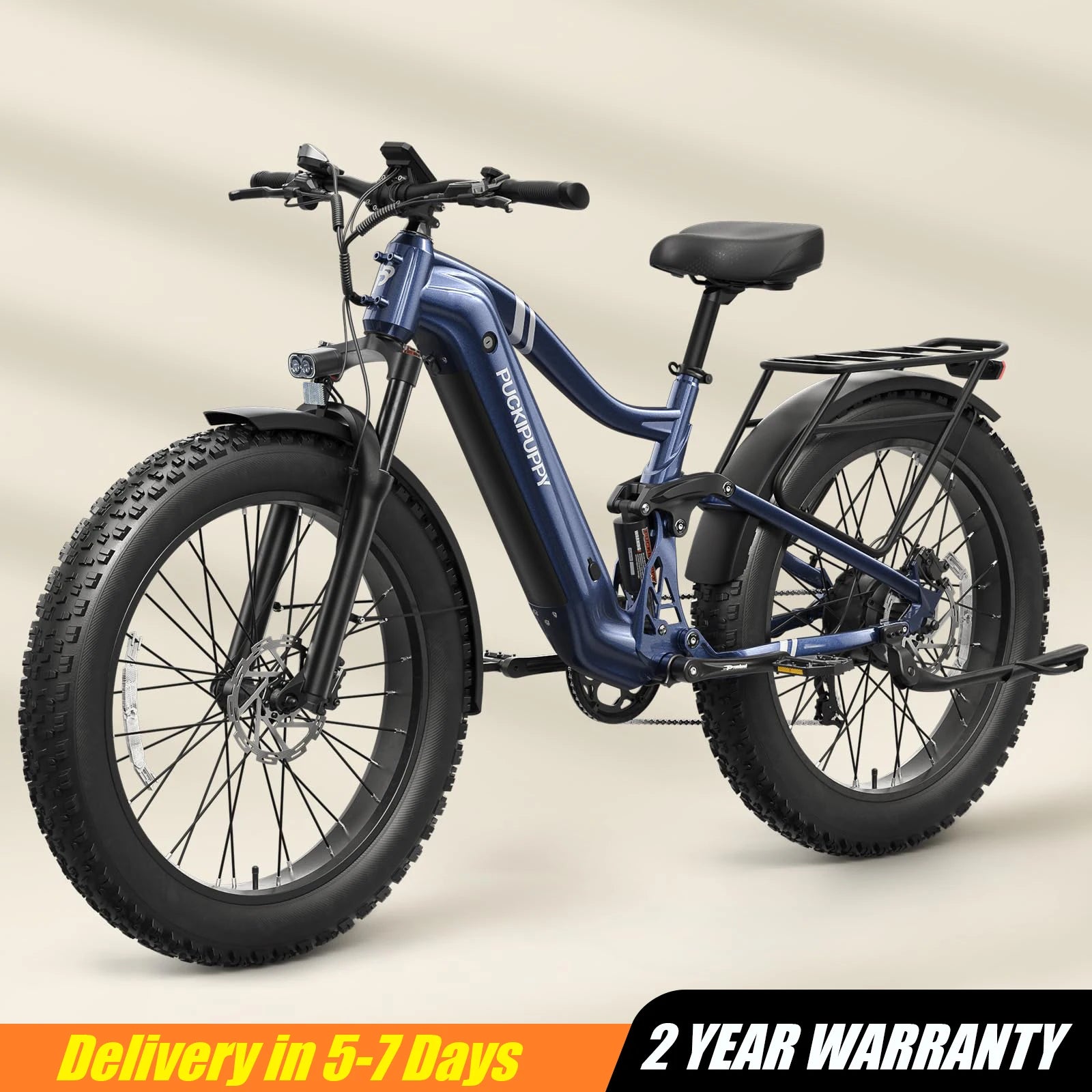 Blue electric bike on a beige background with text about delivery time and warranty.