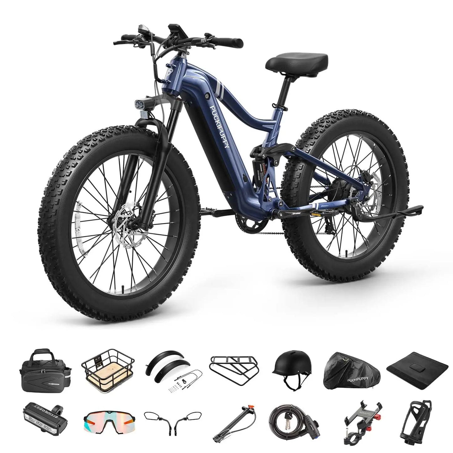 Blue electric bike with accessories on a white background