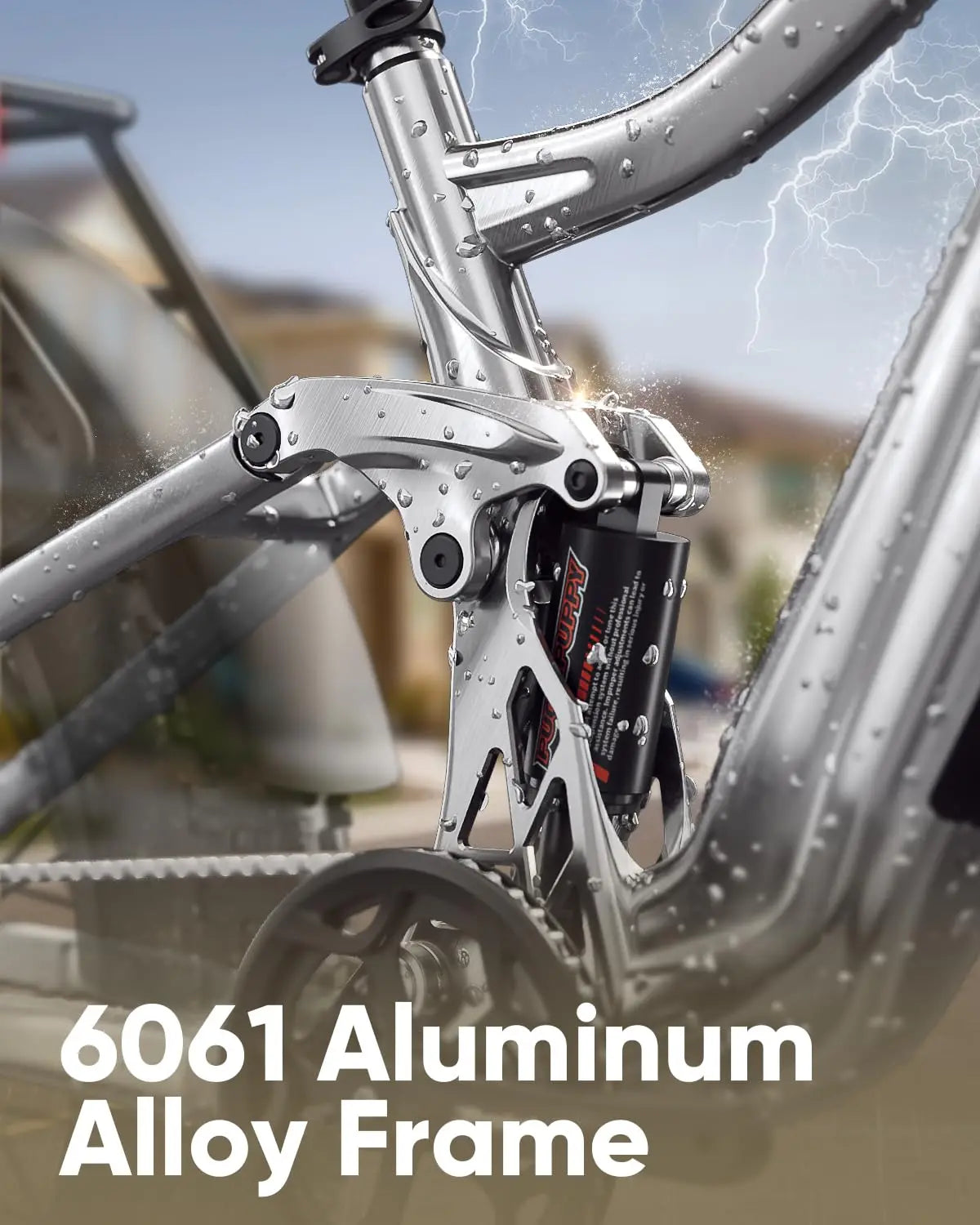 Close-up of a bicycle frame with '6061 Aluminum Alloy Frame' text.