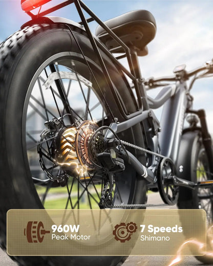 Close-up of an electric bike's gear system with text indicating peak motor power and Shimano gear system.