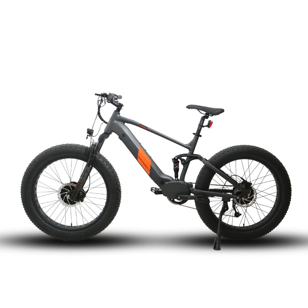 Gray electric bike with orange accents on a white background