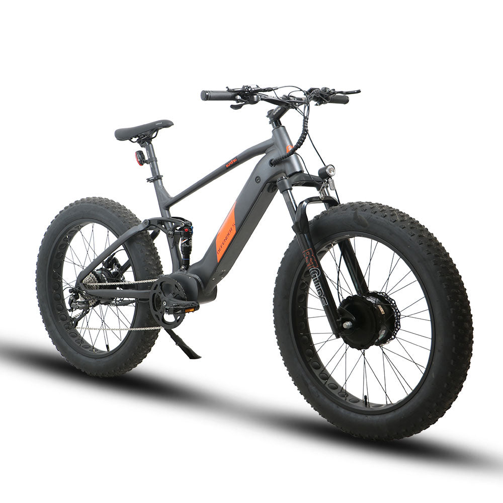 Gray electric bike with orange accents on a white background