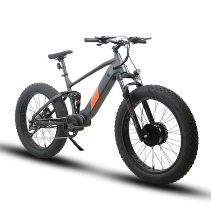 Gray electric bike with orange accents on a white background