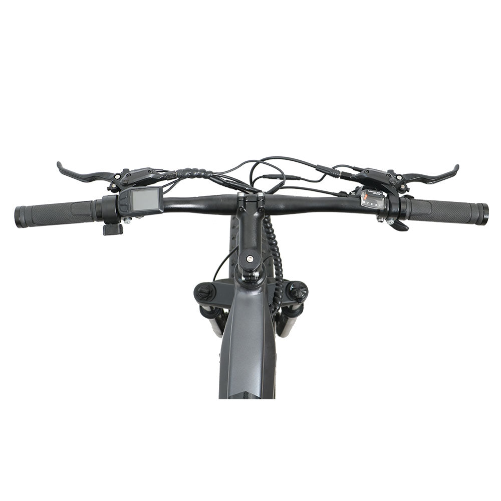 Black bicycle handlebar with controls on a white background