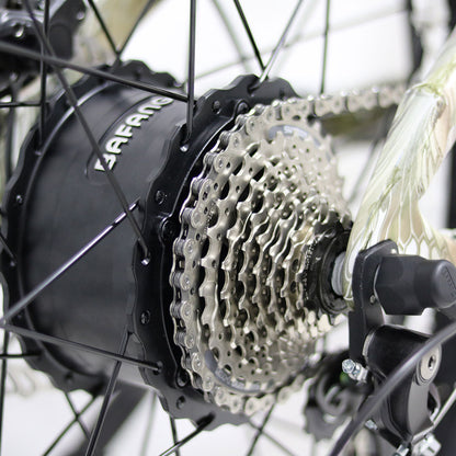 Close-up of a bicycle gear system with a visible brand name on the hub.