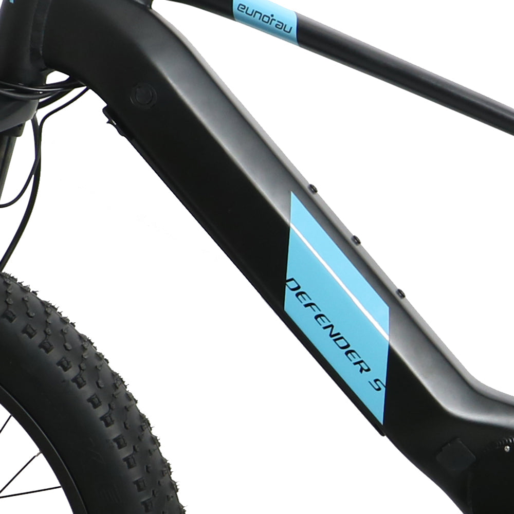 Close-up of a bicycle frame with 'eufaula' branding and 'Defender 5' text on a white background.