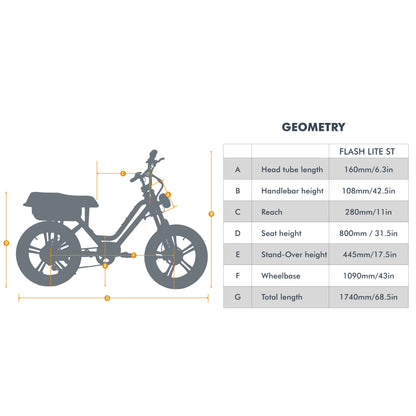 Diagram of a bicycle with measurement labels on a white background