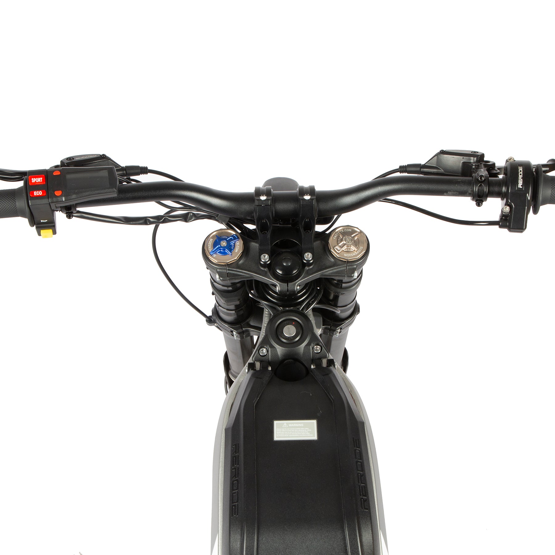 Close-up of a motorcycle handlebar with control buttons on a white background