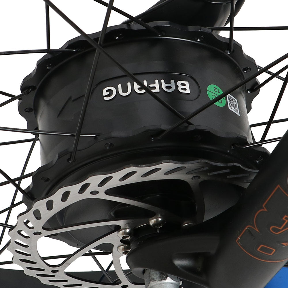 Close-up of a bicycle hub with 'Bafang' branding on a white background