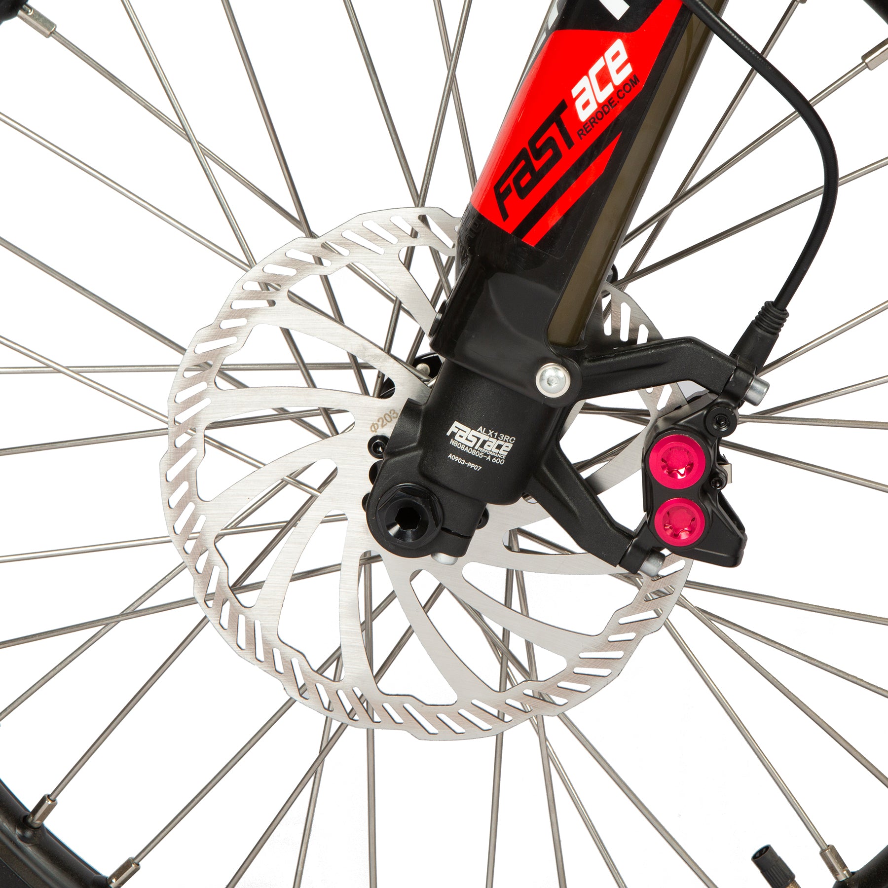 Close-up of a bicycle wheel with disc brake and 'Fast Ace' branding.
