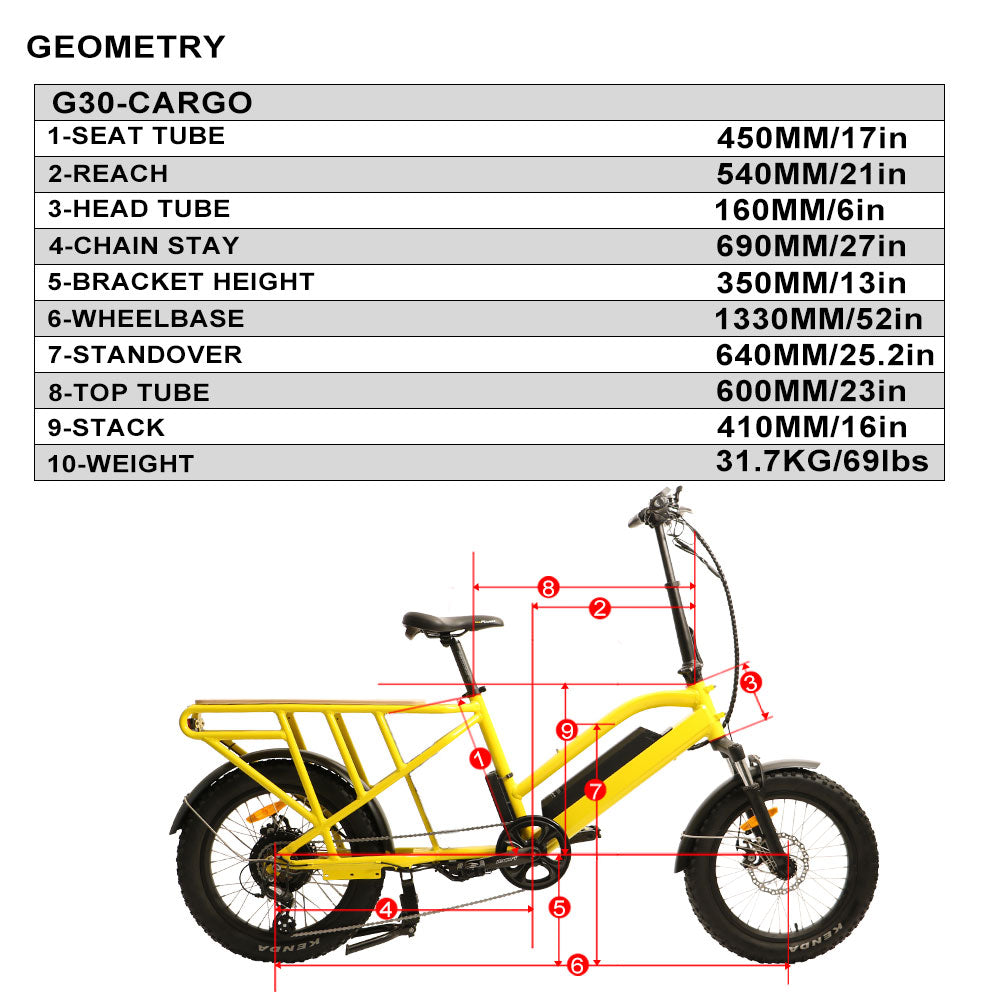 Yellow electric bike with geometric measurements on a white background