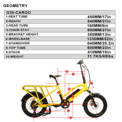Yellow electric bike with geometric measurements on a white background