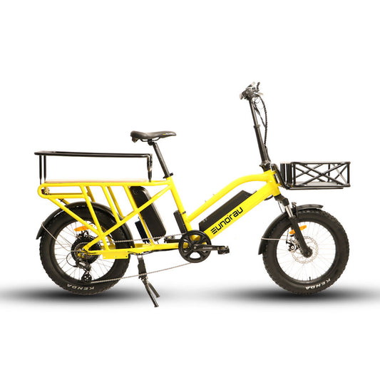 Yellow cargo bike with black accents on a white background