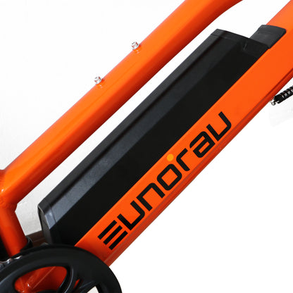 Close-up of an orange electric bike frame with 'Eunorau' branding on a white background