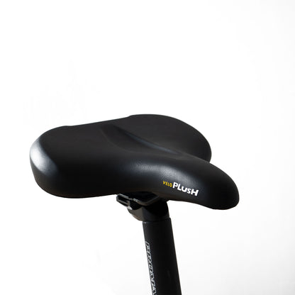 Black bicycle seat with 'Veloplush' branding on a white background