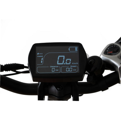 Digital display on a bicycle handlebar with a white background