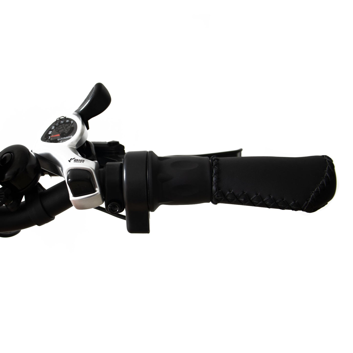 Close-up of a motorcycle handlebar with throttle and controls on a white background