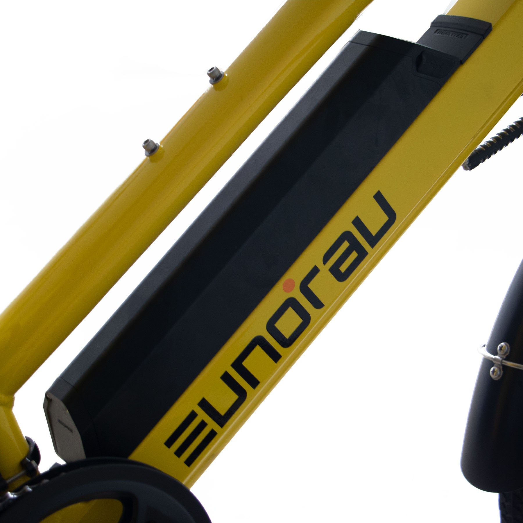 Close-up of a yellow electric bike with 'Eunorau' branding on a white background