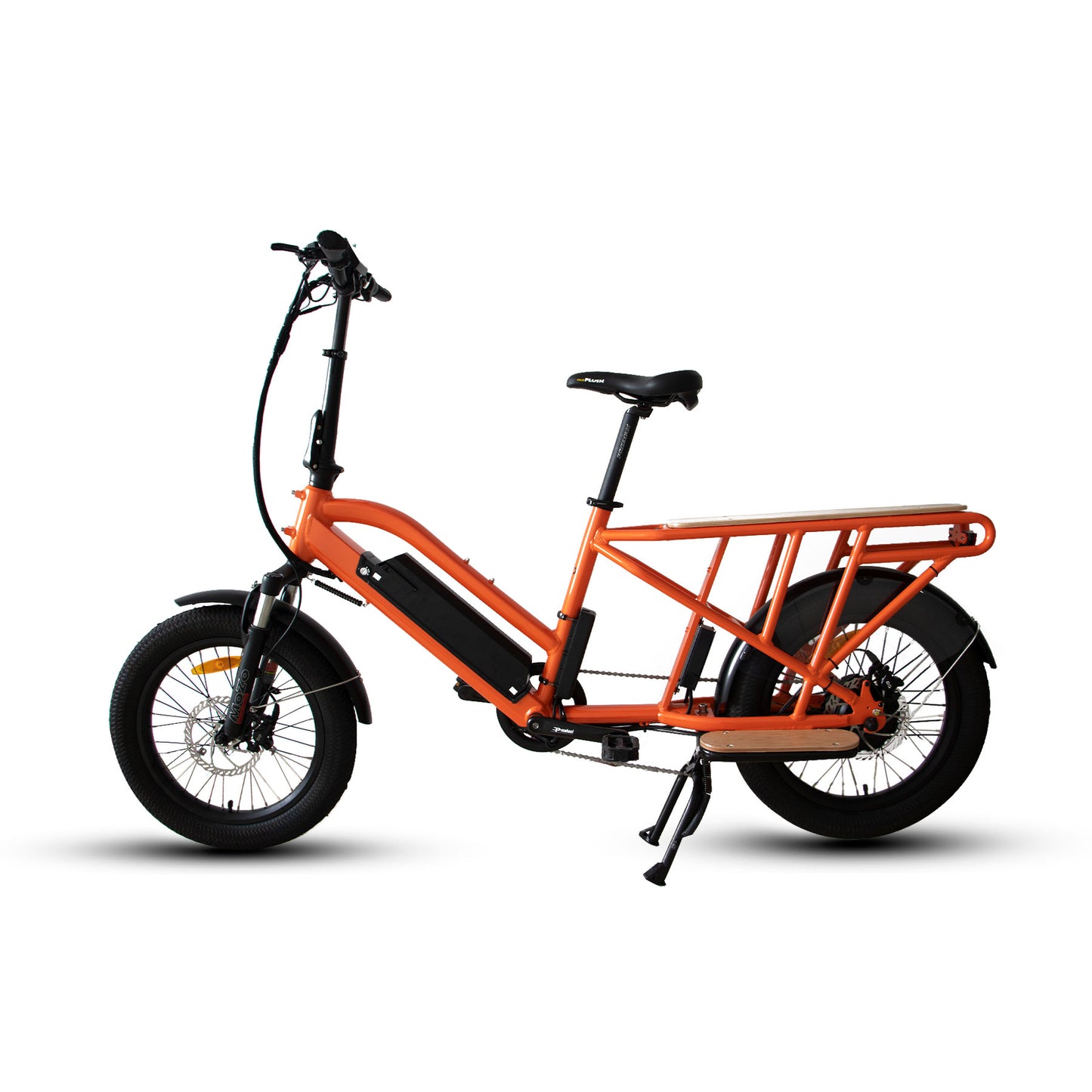 Orange electric bike with a cargo rack on a white background