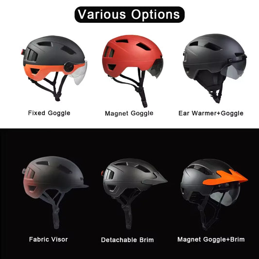 Collection of different helmet options with various features on a white background