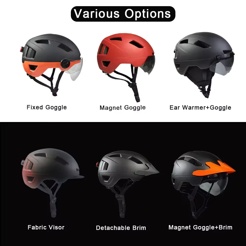 Collection of different helmet options with various features on a white background
