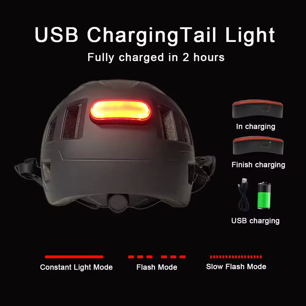 USB charging tail light on a helmet with charging indicators and modes displayed.