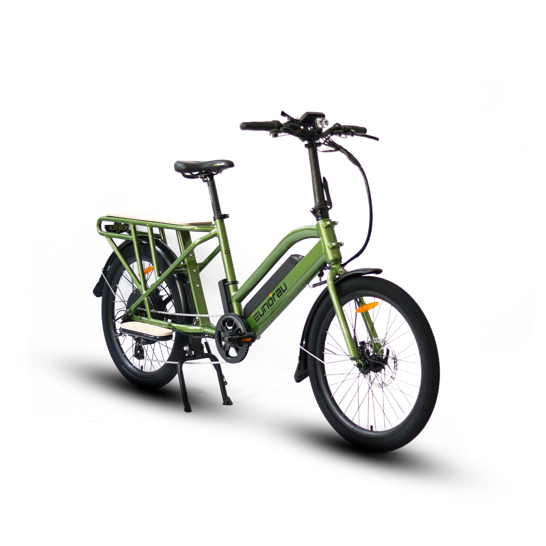 Green electric bike with a cargo rack on a white background