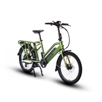 Green electric bike with a cargo rack on a white background