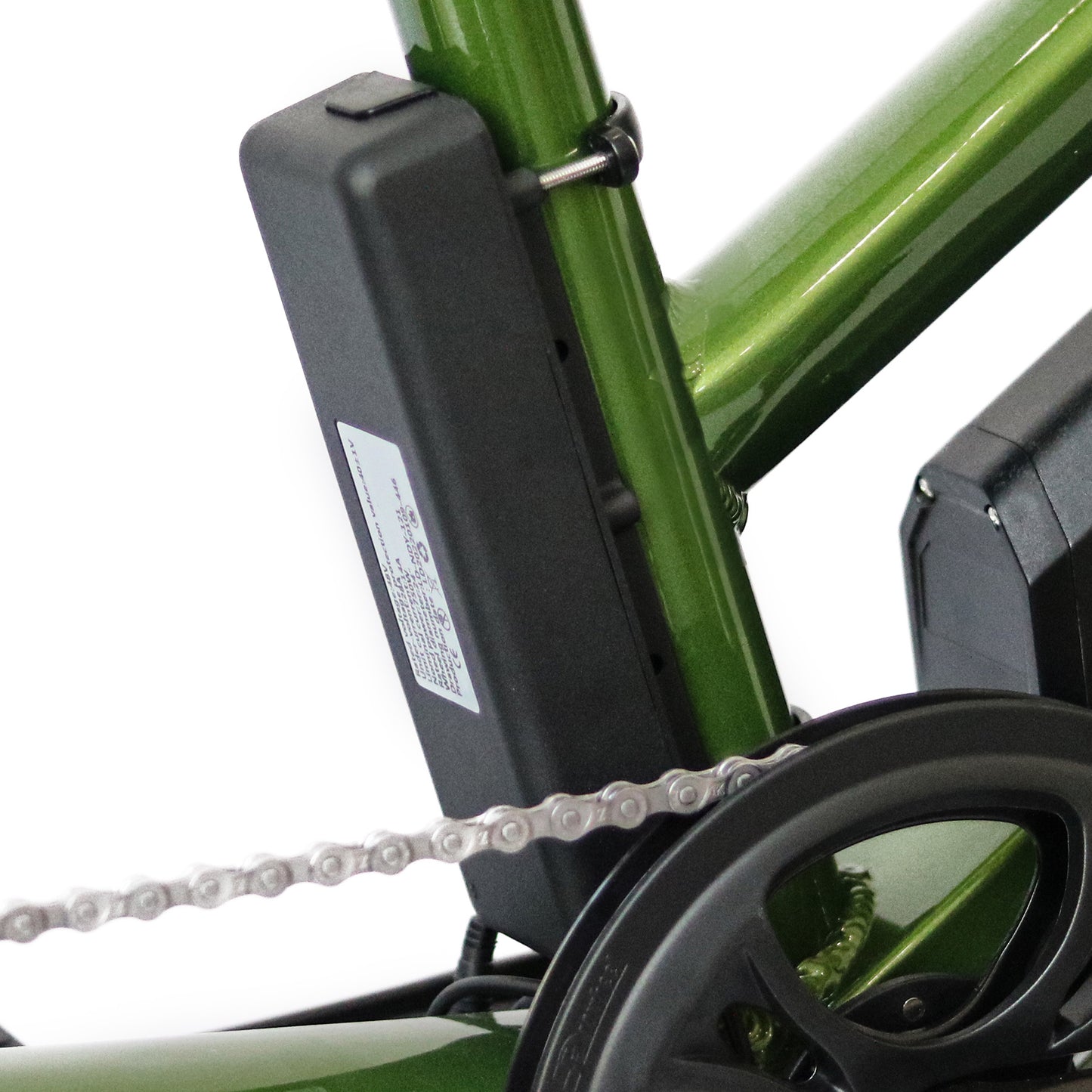 Close-up of a green bicycle with a black battery pack attached, on a white background.