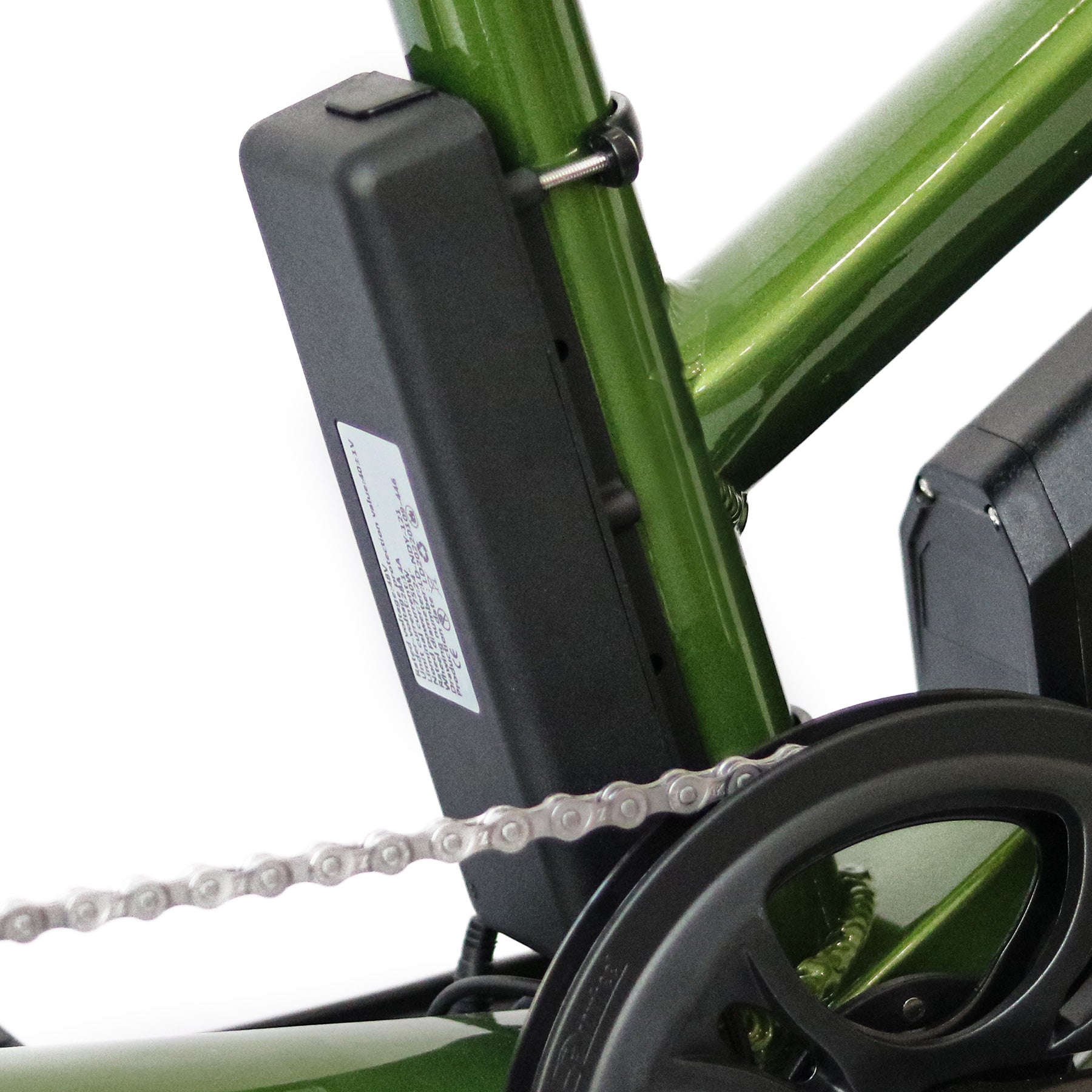 Close-up of a green bicycle with a black battery pack attached, on a white background.
