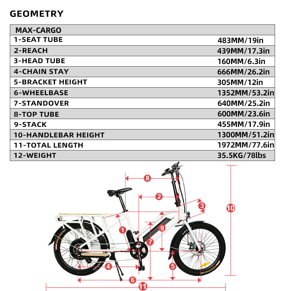 Diagram of a bicycle with labeled dimensions on a white background