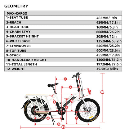 Diagram of a bicycle with labeled dimensions on a white background