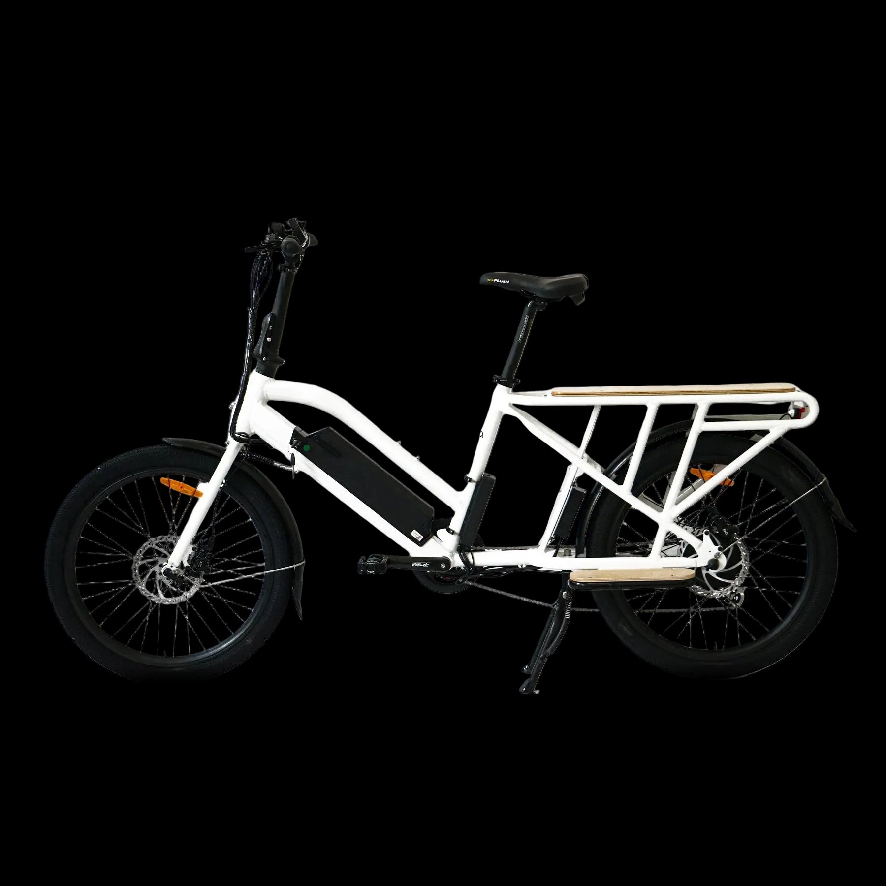 White electric bike with a cargo rack on a no background