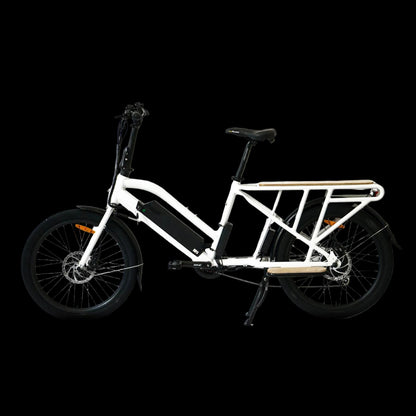 White electric bike with a cargo rack on a no background
