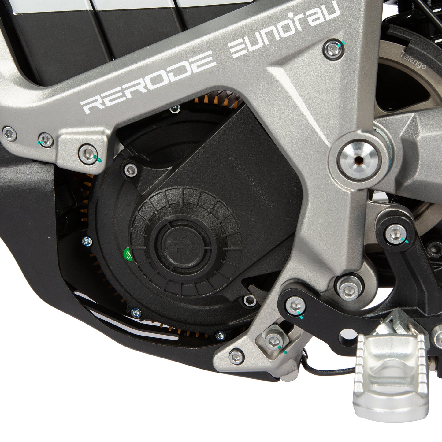 Close-up of a motorcycle engine with 'RERODE' branding on a white background