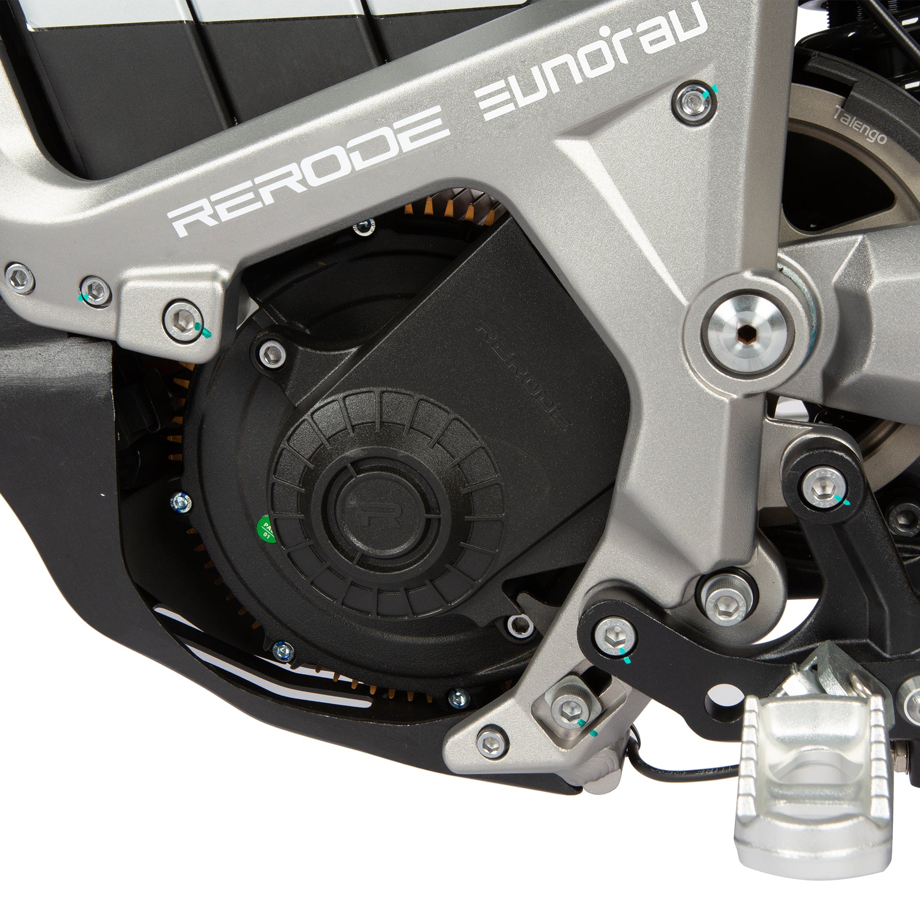 Close-up of a motorcycle engine with 'RERODE' branding on a white background