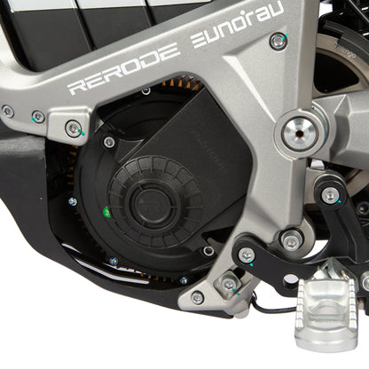 Close-up of a motorcycle engine with 'RERODE' branding on a white background