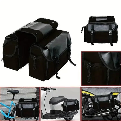 Black and gray motorcycle saddlebags with various application examples on a white background.