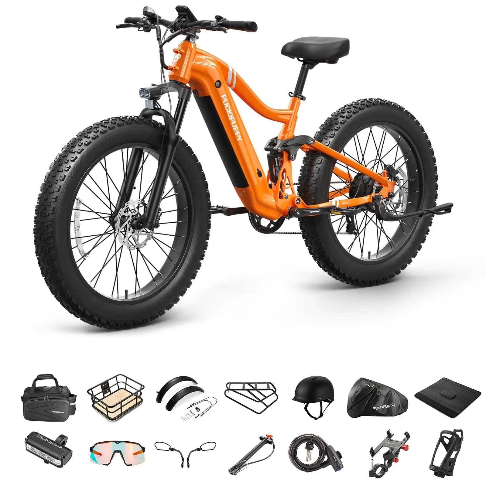 Orange electric bike with accessories on a white background