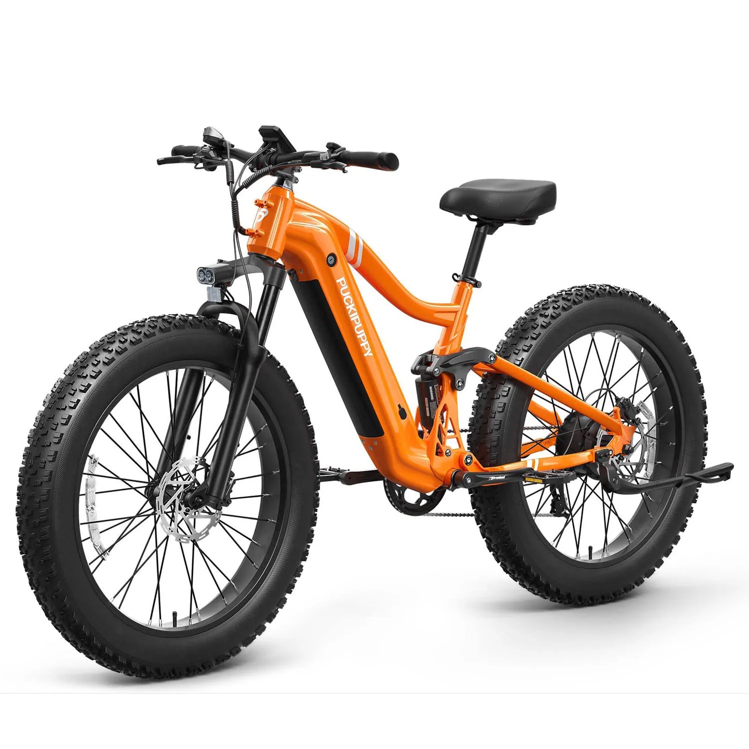 Orange electric bike with black tires on a white background