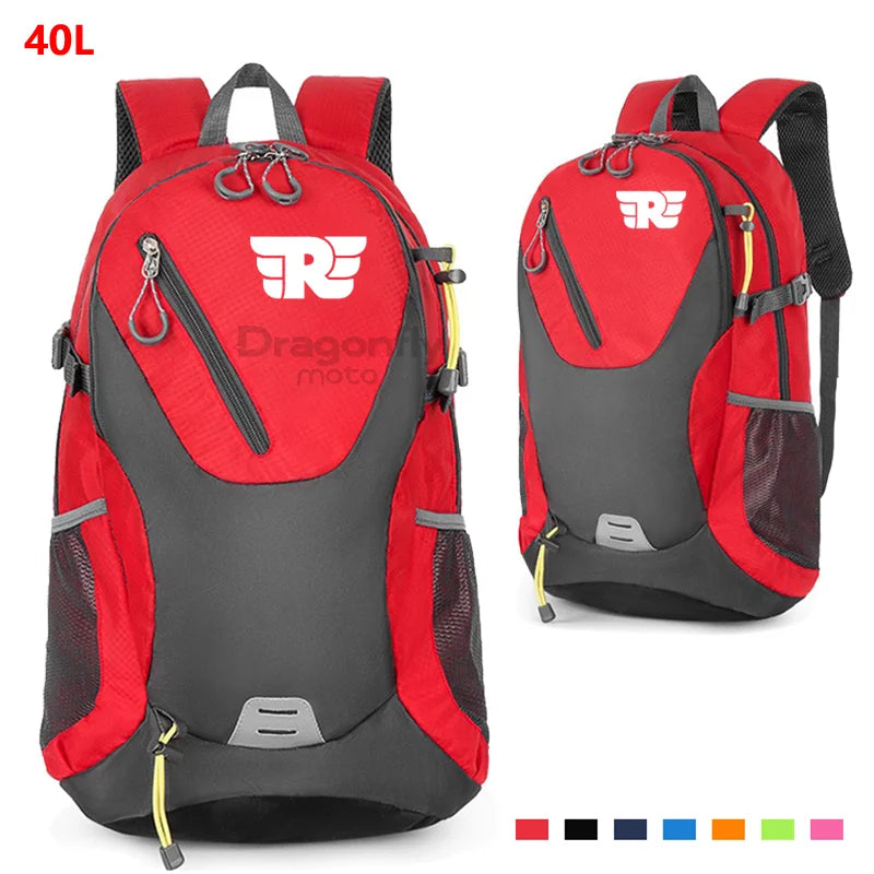 Red and grey backpack with visible brand logo on a white background