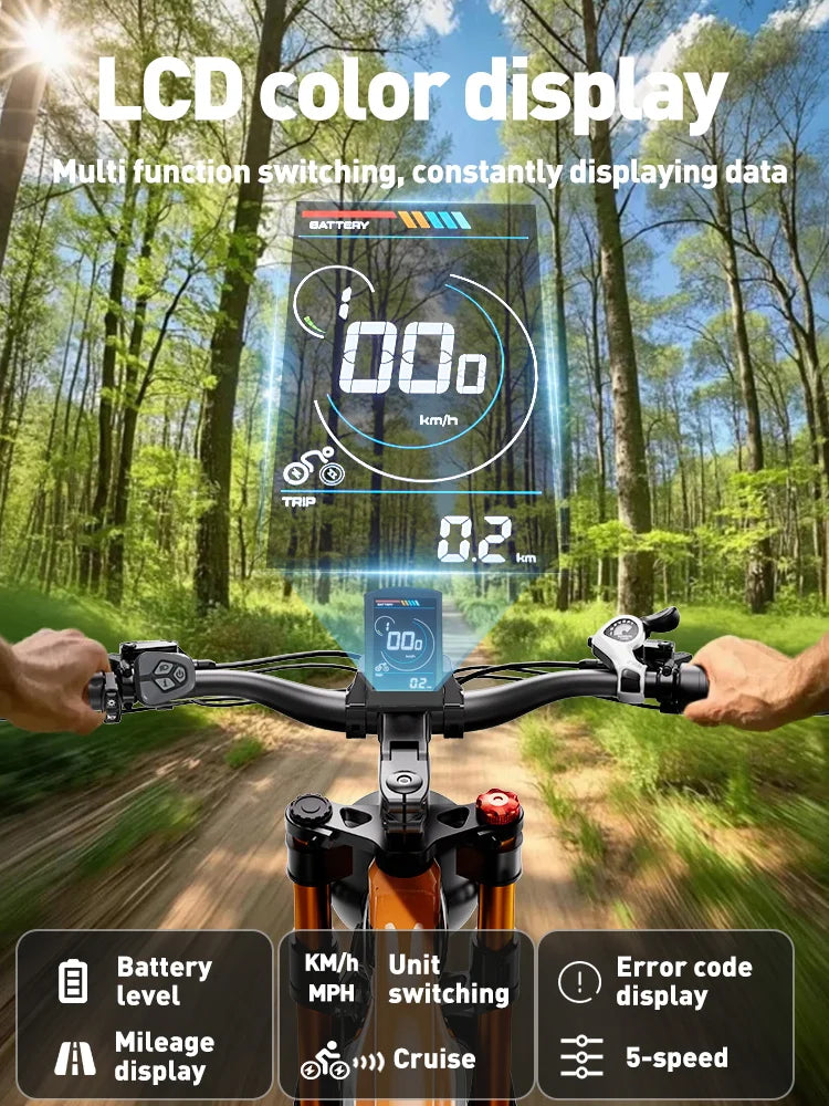 Bicycle handlebar with LCD color display in a forest setting